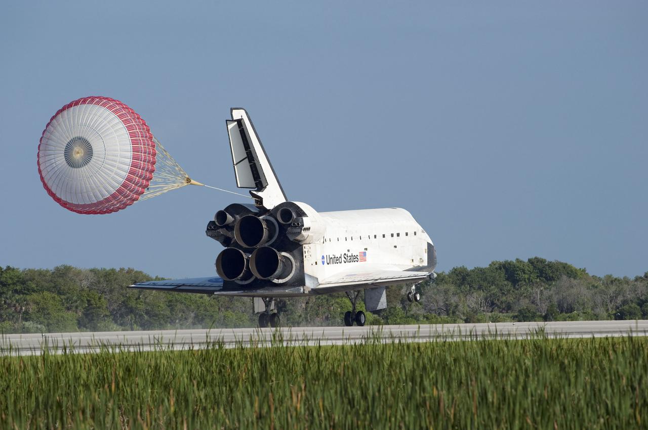 STS132-S-114 (26 May 2010) --- Space shuttle Atlantis? drag chute is deployed as the spacecraft rolls toward wheels stop on Runway 33 at the Shuttle Landing Facility at NASA's Kennedy Space Center in Florida. Landing was at 8:48 a.m. (EDT) on May 26, 2010, completing the 12-day STS-132 mission to the International Space Station. Main gear touchdown was at 8:48:11 a.m., followed by nose gear touchdown at 8:48:21 a.m. and wheelstop at 8:49:18 a.m. Onboard are NASA astronauts Ken Ham, commander; Tony Antonelli, pilot; Garrett Reisman, Michael Good, Steve Bowen and Piers Sellers, all mission specialists. The six-member STS-132 crew carried the Russian-built Mini Research Module 1 (MRM1) to the orbital complex. STS-132 is the 34th shuttle mission to the station, the 132nd shuttle mission overall and the last planned flight for Atlantis.