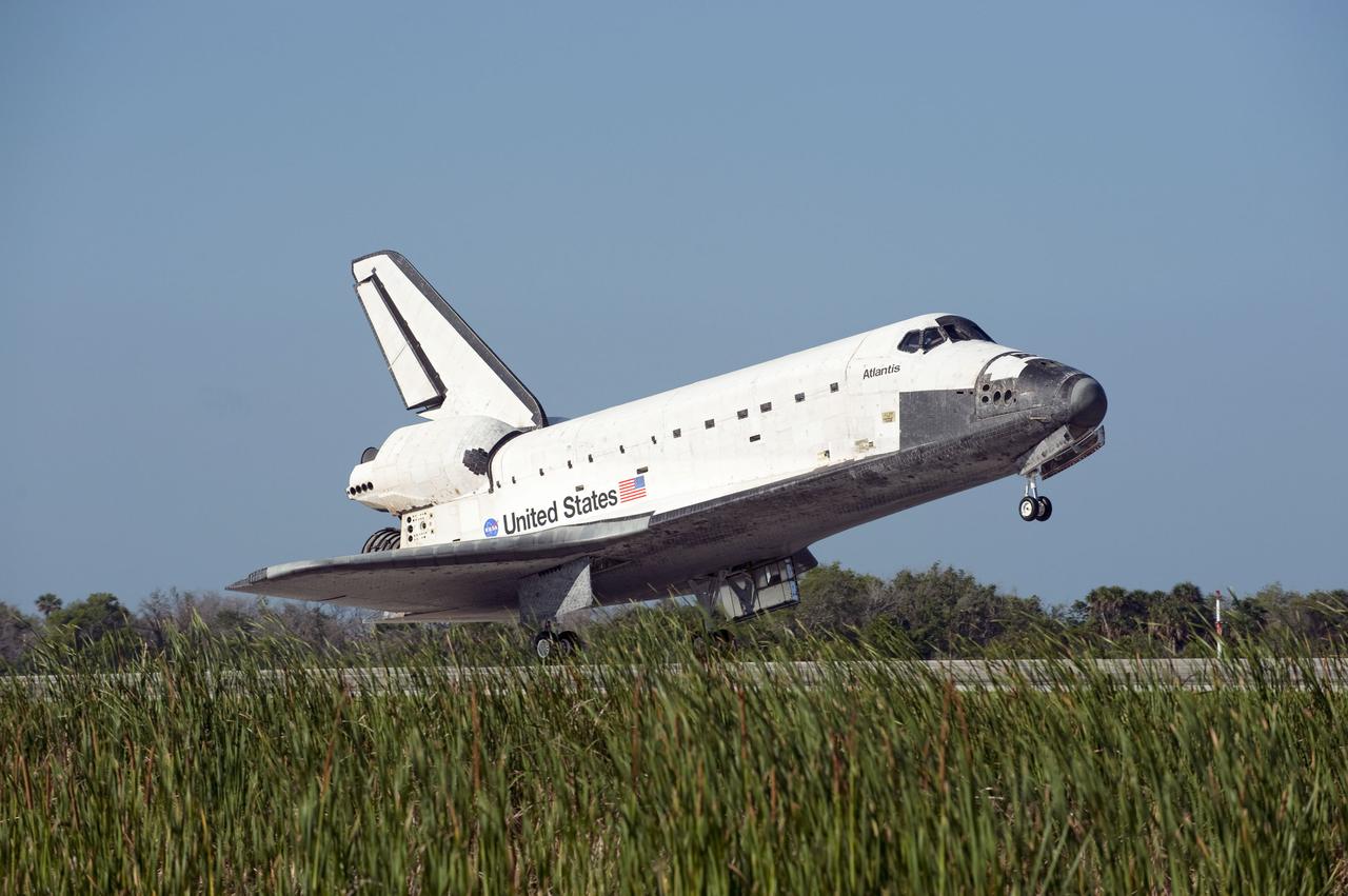 STS132-S-119 (26 May 2010) --- Space shuttle Atlantis' main gear touches down on Runway 33 at the Shuttle Landing Facility at NASA's Kennedy Space Center in Florida. Landing was at 8:48 a.m. (EDT) on May 26, 2010, completing the 12-day STS-132 mission to the International Space Station. Main gear touchdown was at 8:48:11 a.m., followed by nose gear touchdown at 8:48:21 a.m. and wheelstop at 8:49:18 a.m. Onboard are NASA astronauts Ken Ham, commander; Tony Antonelli, pilot; Garrett Reisman, Michael Good, Steve Bowen and Piers Sellers, all mission specialists. The six-member STS-132 crew carried the Russian-built Mini Research Module 1 (MRM1) to the orbital complex. STS-132 is the 34th shuttle mission to the station, the 132nd shuttle mission overall and the last planned flight for Atlantis.