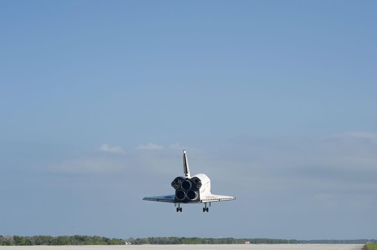 STS132-S-128 (26 May 2010) --- Space shuttle Atlantis nears touchdown on Runway 33 at the Shuttle Landing Facility at NASA's Kennedy Space Center in Florida. Landing was at 8:48 a.m. (EDT) on May 26, 2010, completing the 12-day STS-132 mission to the International Space Station. Main gear touchdown was at 8:48:11 a.m., followed by nose gear touchdown at 8:48:21 a.m. and wheelstop at 8:49:18 a.m. Onboard are NASA astronauts Ken Ham, commander; Tony Antonelli, pilot; Garrett Reisman, Michael Good, Steve Bowen and Piers Sellers, all mission specialists. The six-member STS-132 crew carried the Russian-built Mini Research Module 1 (MRM1) to the orbital complex. STS-132 is the 34th shuttle mission to the station, the 132nd shuttle mission overall and the last planned flight for Atlantis.