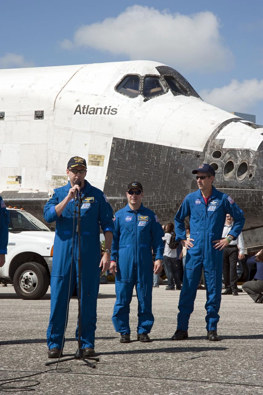STS132-S-153 (26 May 2010) --- NASA astronaut Ken Ham, STS-132 commander, speaks to the media after landing space shuttle Atlantis at the Shuttle Landing Facility at NASA's Kennedy Space Center in Florida. Behind Ham are astronauts Garrett Reisman (center) and Michael Good, both mission specialists. The six-member STS-132 crew carried the Russian-built Mini Research Module 1 to the space station. STS-132 is the 34th shuttle mission to the station, the 132nd shuttle mission overall and the last planned flight for Atlantis.