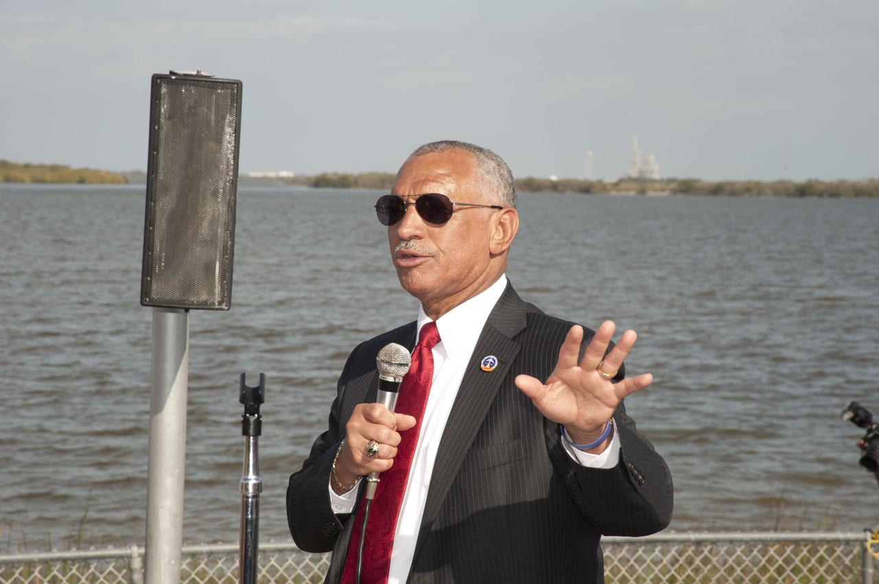 STS133-S-046 (24 Feb. 2011) --- At the Banana River Creek VIP viewing area at NASA's Kennedy Space Center in Florida, NASA Administrator Charlie Bolden addresses the spectators attending space shuttle Discovery's liftoff from Launch Pad 39A on its final mission to the International Space Station. Discovery lifted off at 4:53 p.m. (EST) on Feb. 24, 2011. The six-member STS-133 crew will deliver the Permanent Multipurpose Module, supplies and critical spare parts, as well as Robonaut 2, the dexterous humanoid astronaut helper, to the station. This is the 133rd Space Shuttle Program mission and the 35th shuttle voyage to the space station. Photo credit: NASA or National Aeronautics and Space Administration