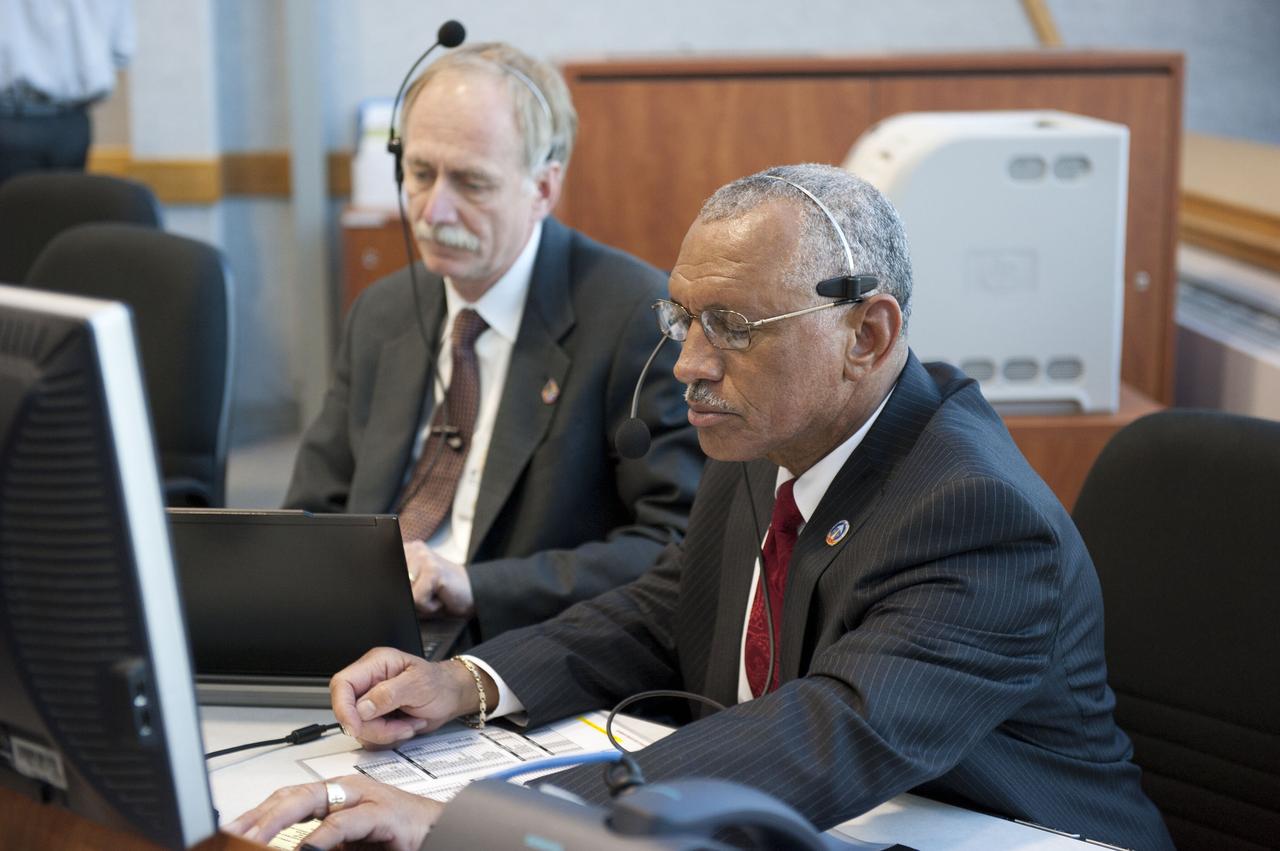 STS133-S-061 (24 Feb. 2011) --- In Firing Room 4 of the Launch Control Center at NASA's Kennedy Space Center in Florida, NASA Administrator Charlie Bolden (foreground) and Associate Administrator for Space Operations Bill Gerstenmaier monitor the countdown to launch of space shuttle Discovery on its STS-133 mission to the International Space Station. Discovery and its six-member crew are on a mission to deliver the Permanent Multipurpose Module, packed with supplies and critical spare parts, as well as Robonaut 2, the dexterous humanoid astronaut helper, to the orbiting outpost. Discovery is making its 39th mission and is scheduled to be retired following STS-133. This is the 133rd Space Shuttle Program mission and the 35th shuttle voyage to the space station. Photo credit: NASA or National Aeronautics and Space Administration