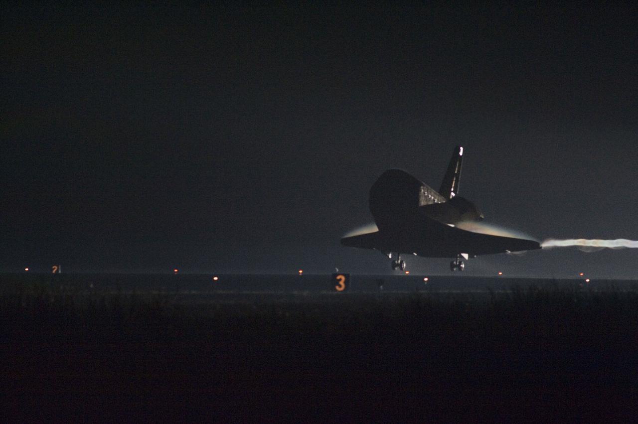 STS134-S-066 (1 June 2011) --- Space shuttle Endeavour approaches Runway 15 on the Shuttle Landing Facility at NASA's Kennedy Space Center in Florida for the final time. Main gear touchdown was at 2:34:51 a.m. (EDT) on June 1, 2011, followed by nose gear touchdown at 2:35:04 a.m., and wheelstop at 2:35:36 a.m. Onboard are NASA astronauts Mark Kelly, STS-134 commander; Greg H. Johnson, pilot; Michael Fincke, Andrew Feustel, Greg Chamitoff and European Space Agency astronaut Roberto Vittori, all mission specialists. STS-134 delivered the Alpha Magnetic Spectrometer-2 (AMS) and the Express Logistics Carrier-3 (ELC-3) to the International Space Station. AMS will help researchers understand the origin of the universe and search for evidence of dark matter, strange matter and antimatter from the station. ELC-3 carried spare parts that will sustain station operations once the shuttles are retired from service. STS-134 was the 25th and final flight for Endeavour, which has spent 299 days in space, orbited Earth 4,671 times and traveled 122,883,151 miles. Photo credit: NASA