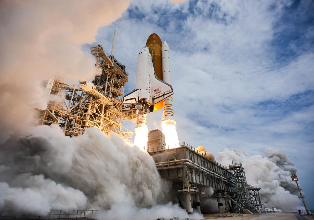 STS135-S-091 (8 July 2011) --- Space shuttle Atlantis and its four-member STS-135 crew head toward Earth orbit and rendezvous with the International Space Station. Liftoff was at 11:29 a.m. (EDT) on July 8, 2011 from Launch Pad 39A at NASA's Kennedy Space Center. Onboard are NASA astronauts Chris Ferguson, commander; Doug Hurley, pilot; Sandy Magnus and Rex Walheim, both mission specialists. STS-135 will deliver the Raffaello multi-purpose logistics module packed with supplies and spare parts for the space station. Atlantis also carries the Robotic Refueling Mission experiment that will investigate the potential for robotically refueling existing satellites in orbit. In addition, Atlantis will return with a failed ammonia pump module to help NASA better understand the failure mechanism and improve pump designs for future systems. STS-135 will be the 33rd flight of Atlantis, the 37th shuttle mission to the space station, and the 135th and final mission of NASA's Space Shuttle Program. Photo credit: NASA