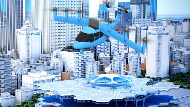 An idea for a future air taxi hovers over a municipal vertiport in this NASA illustration. Experts from NASA’s Advanced Air Mobility mission have signed agreements with four states and one city to host a series of workshops that will help local governments prepare their transportation plans to include this new form of air travel.