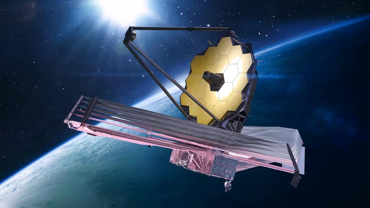 JWST in space near Earth. James Webb telescope far galaxies and planets explore. Sci-fi space collage. Astronomy science. Elements of this image furnished by NASA (url: https://www.nasa.gov/sites/default/files/styles/full_width_feature/public/thumbnails/image/iss066e123388.jpg https://www.nasa.gov/sites/default/files/styles/full_width_feature/public/thumbnails/image/755409main_webb.jpg)