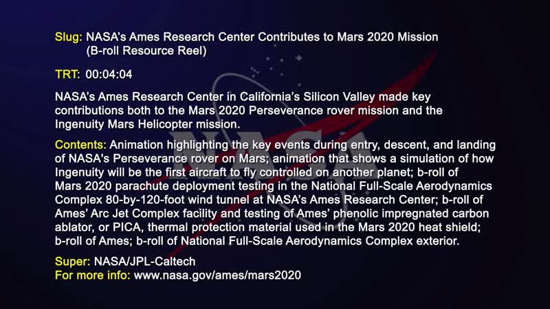 NASA’s Ames Research Center Contributes to Mars 2020 Mission (B-roll Resource Reel)