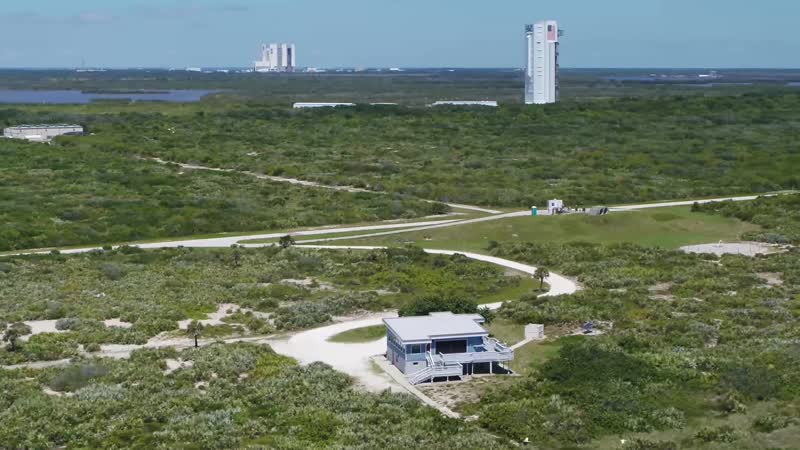 Still from “Drone Footage of Shoreline, Beach House, VAB, SLC-41, SLC-39A” on NASA Image and Video Library