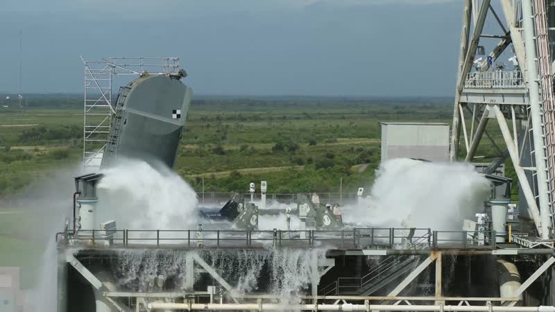 Still from “Nominal Wet Flow Test at Pad 39B - DRONE” on NASA Image and Video Library