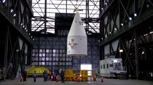 KSC-20210302-RV-FMX01 Artemis I RH Forward Assembly Lift and Mate, VAB, WON 3270461