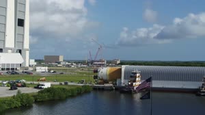 Artemis II Core Stage Offload and Transport to VAB - DRONE
