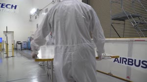 Sentinel-6B Solar Array Cover Installation and Spacecraft Rotation at Astrotech, VSFB