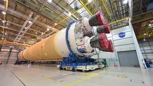 NASA Prepares Artemis I SLS Rocket Stage for Move to Pegasus Barge